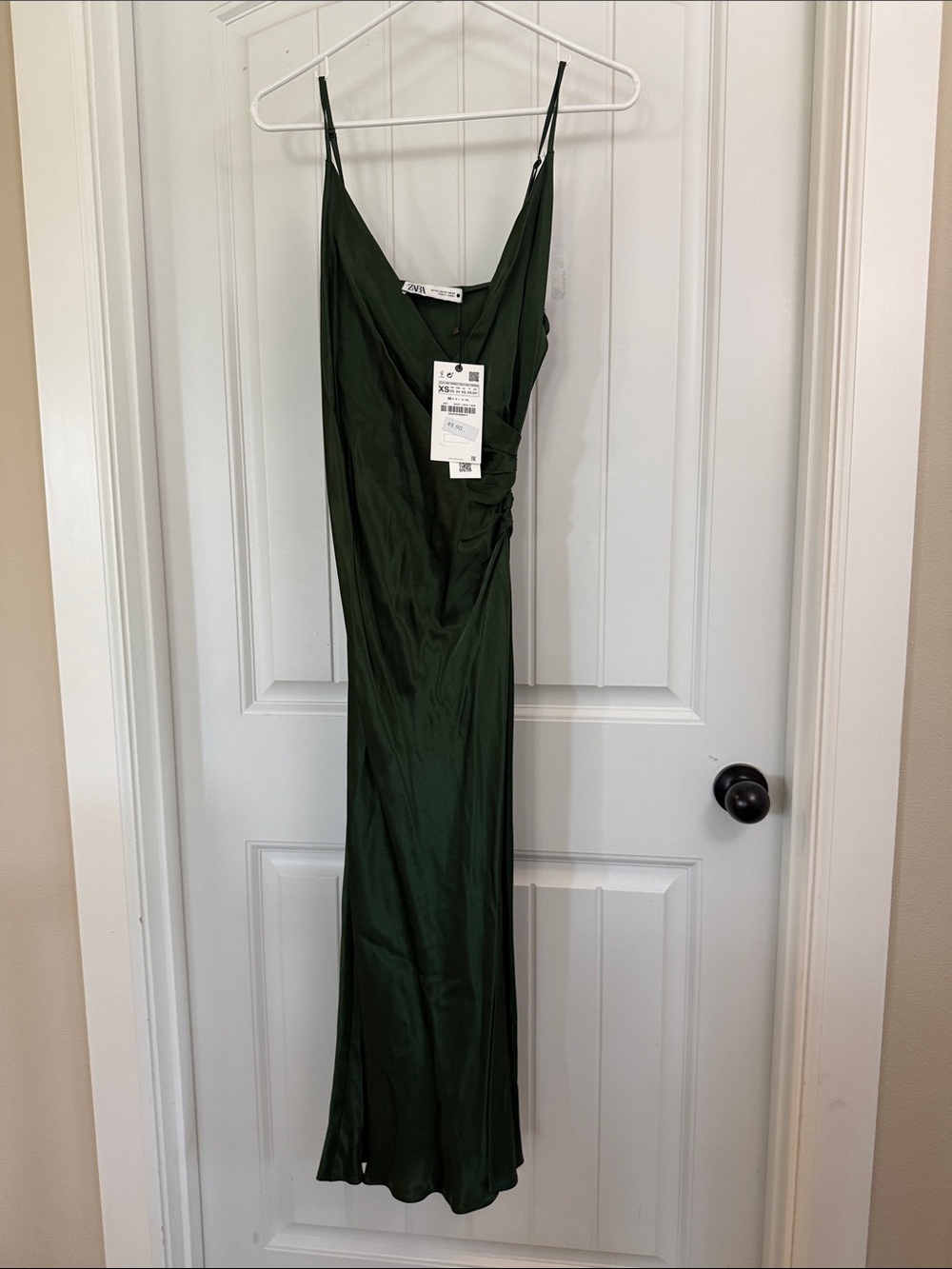 Zara Dark Green Satin Maxi Slip Dress with Spaghetti Straps